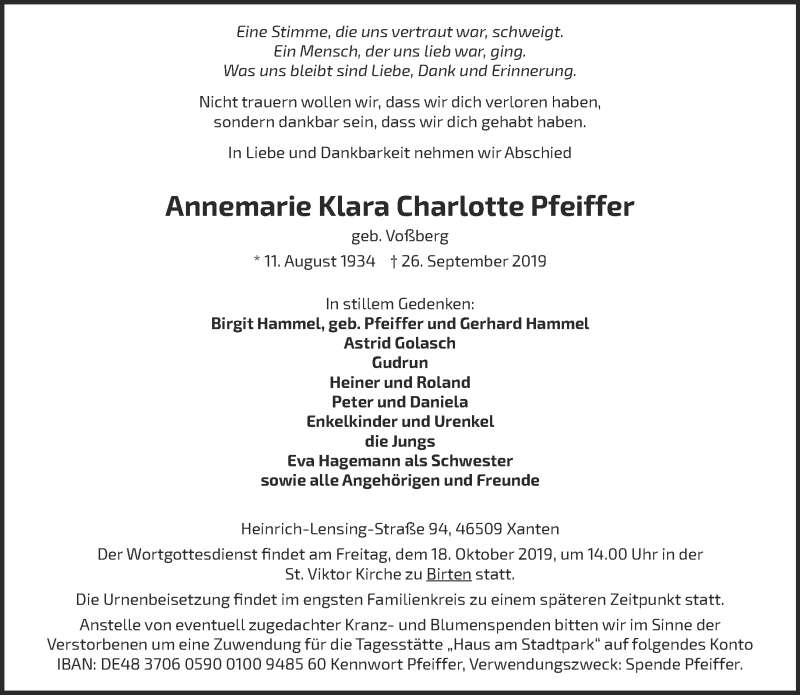 Traueranzeigen Von Annemarie Klara Charlotte Pfeiffer Niederrhein