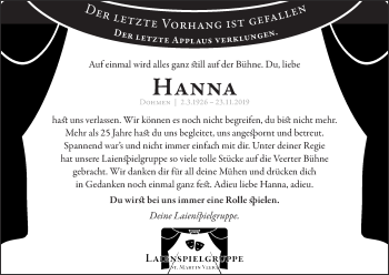 Traueranzeige von Hanna Dohmen 