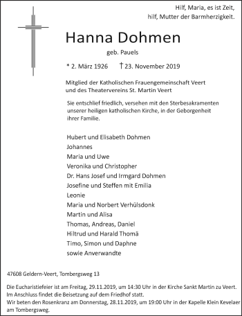 Traueranzeige von Hanna Dohmen 