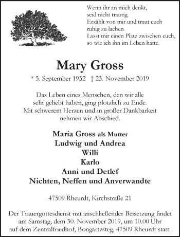 Traueranzeige von Mary Gross 