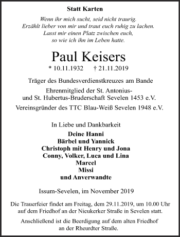 Traueranzeige von Paul Keisers 