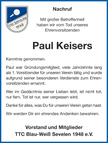 Traueranzeige von Paul Keisers 