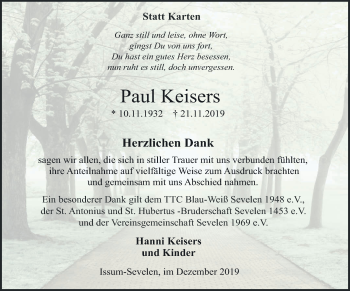 Traueranzeige von Paul Keisers 