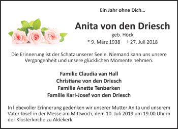 Traueranzeige von Anita von den Driesch 