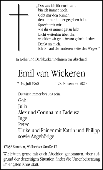 Traueranzeigen Von Emil Van Wickeren Niederrhein Nachrichten Trauerportal