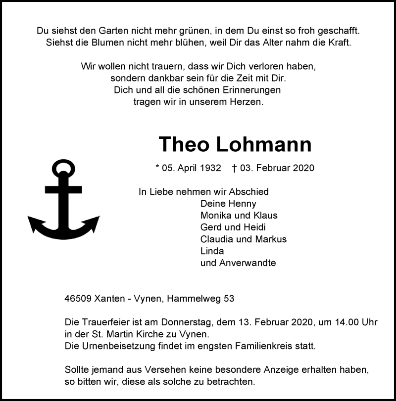  Traueranzeige für Theo Lohmann vom 08.02.2020 aus 