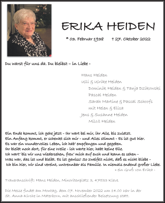 Traueranzeigen Von Erika Heiden Niederrhein Nachrichten Trauerportal