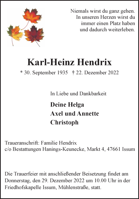 Traueranzeigen Von Karl Heinz Hendrix Niederrhein Nachrichten