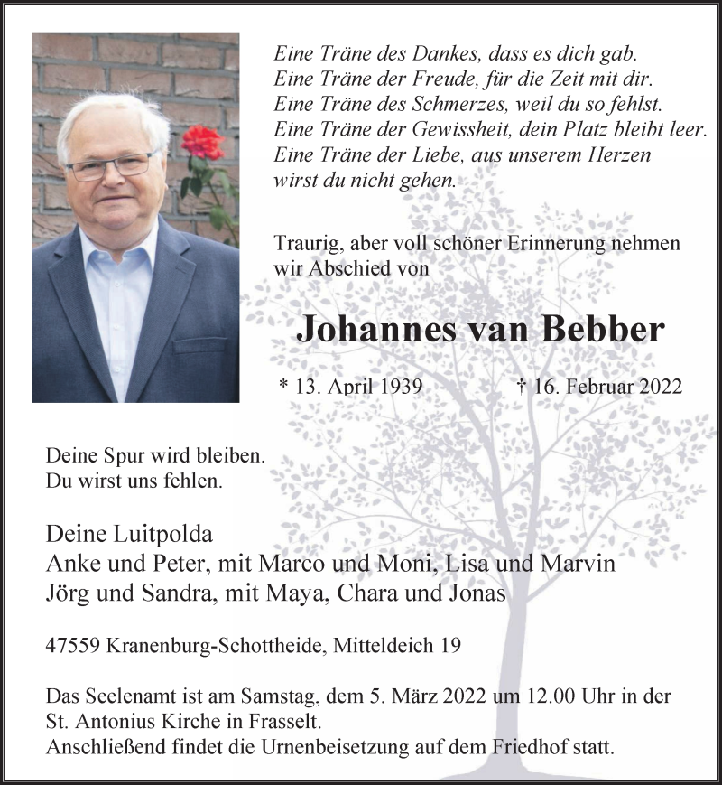 Traueranzeigen Von Johannes Van Bebber Niederrhein Nachrichten