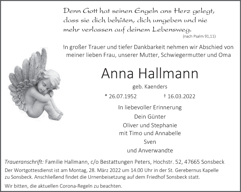 Traueranzeigen Von Anna Hallmann Niederrhein Nachrichten Trauerportal