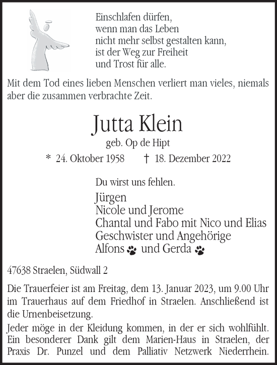 Traueranzeigen Von Jutta Klein Niederrhein Nachrichten Trauerportal