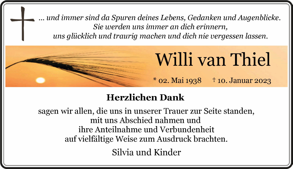 Traueranzeigen Von Willi Van Thiel Niederrhein Nachrichten Trauerportal