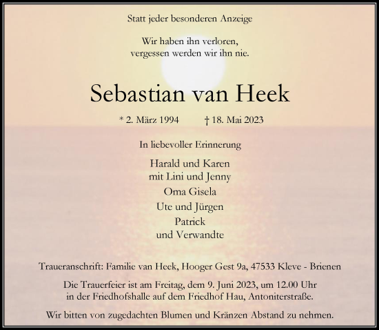 Traueranzeigen Von Sebastian Van Heek Niederrhein Nachrichten