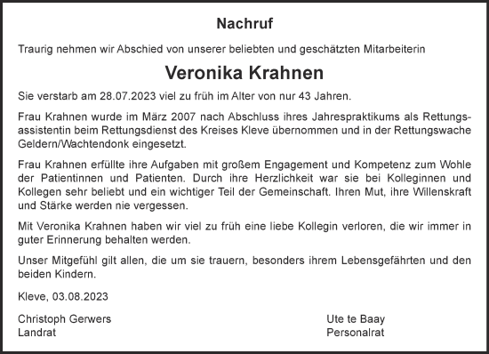 Traueranzeigen Von Veronika Krahnen Niederrhein Nachrichten Trauerportal