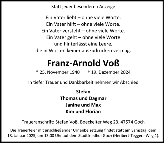 Traueranzeigen von Franz Arnold Voß Niederrhein Nachrichten Trauerportal