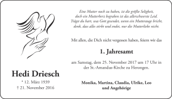 Traueranzeige von Hedi Driesch 