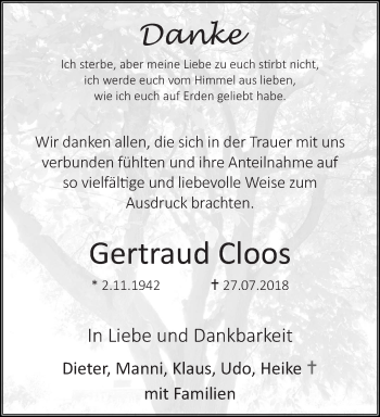 Traueranzeige von Gertraud Cloos 