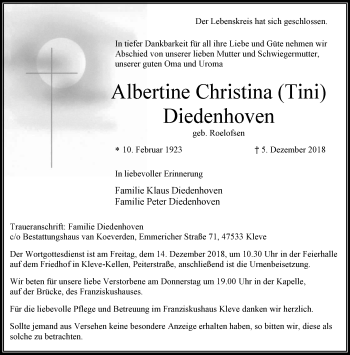 Traueranzeige von Albertine Christina Diedenhoven 