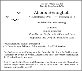 Traueranzeige von Alfons Beringhoff 