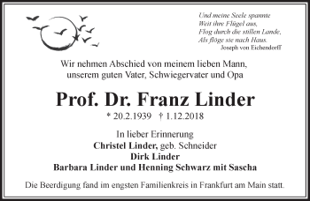 Traueranzeige von Franz Linder 