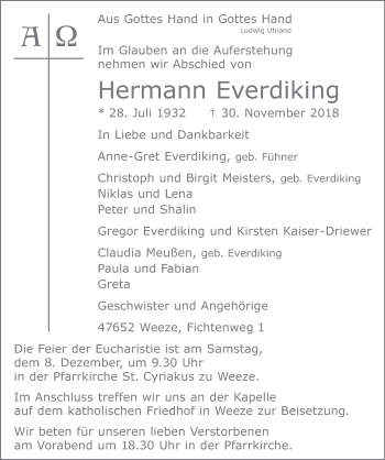 Traueranzeige von Hermann Everdiking 