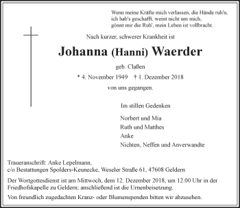 Traueranzeige von Johanna Waerder 