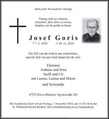 Traueranzeige von Josef Goris 