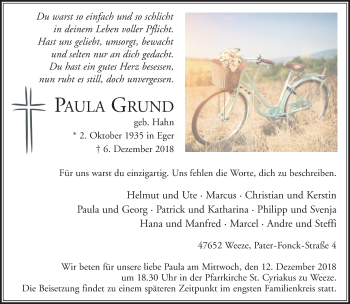 Traueranzeige von Paula Grund 