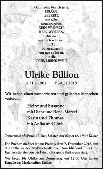 Traueranzeige von Ulrike Billion 