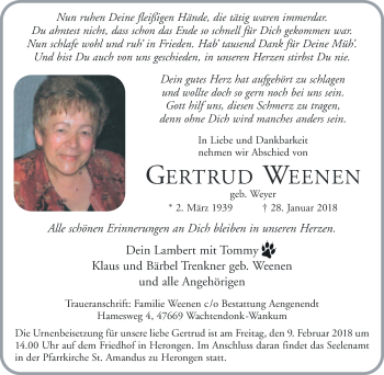 Traueranzeige von Gertrud Weenen 