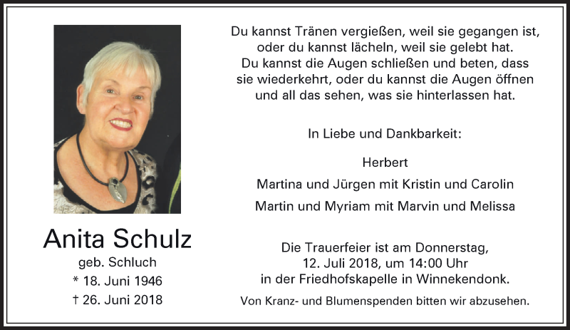 Traueranzeigen von Anita Schulz | Niederrhein Nachrichten Trauerportal