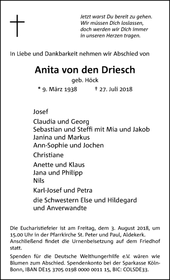 Traueranzeige von Anita von den Driesch 