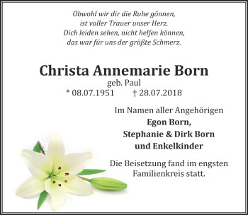 Traueranzeige von Christa Annemarie Born 