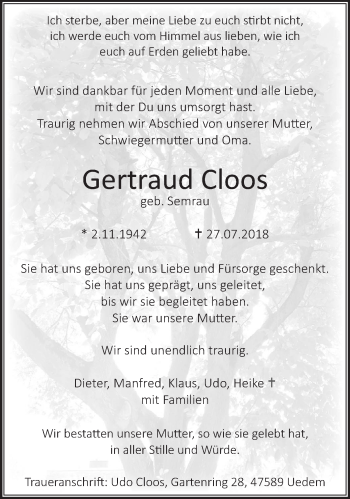 Traueranzeige von Gertraud Cloos 