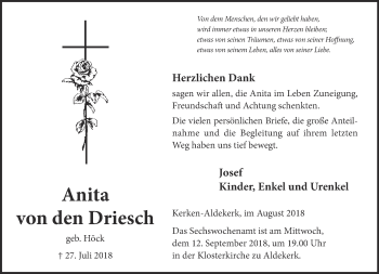 Traueranzeige von Anita von den Driesch 