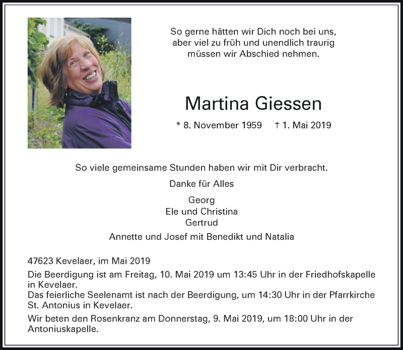 Traueranzeigen von Martina Giessen | Niederrhein Nachrichten Trauerportal