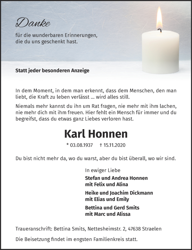  Traueranzeige für Karl Honnen vom 21.11.2020 aus 