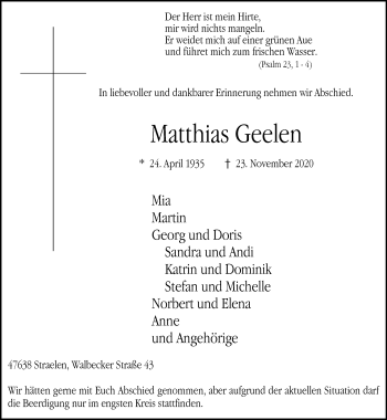 Traueranzeige von Matthias Geelen 