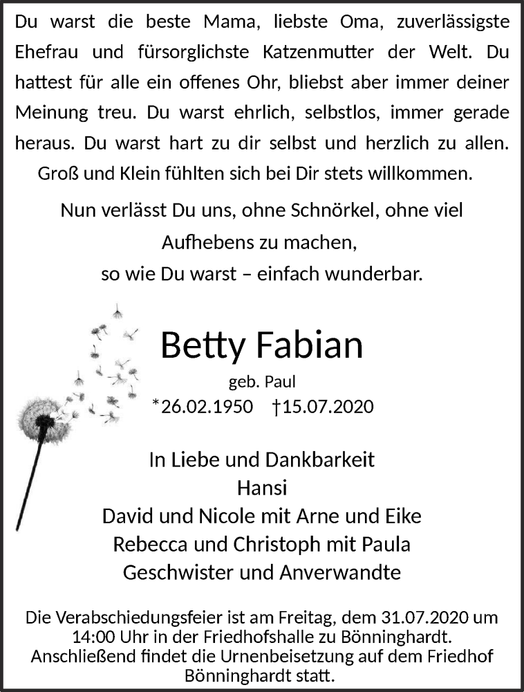  Traueranzeige für Betty Fabian vom 22.07.2020 aus 