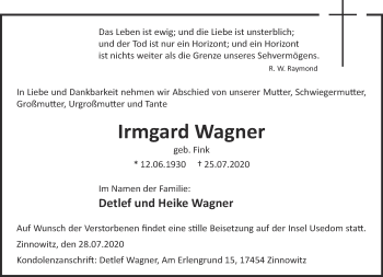 Traueranzeige von Irmgard Wagner 