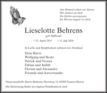 Traueranzeige von Lieselotte Behrens 