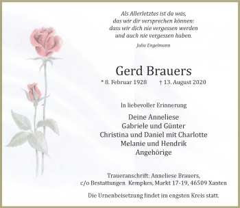 Traueranzeige von Gerd Brauers 