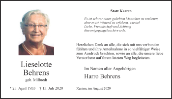 Traueranzeige von Lieselotte Behrens 