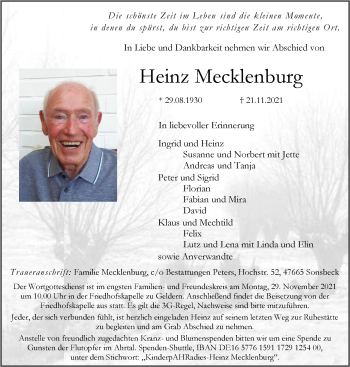 Traueranzeige von Heinz Mecklenburg 