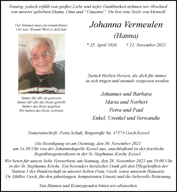 Traueranzeige von Johanna Vermeulen 