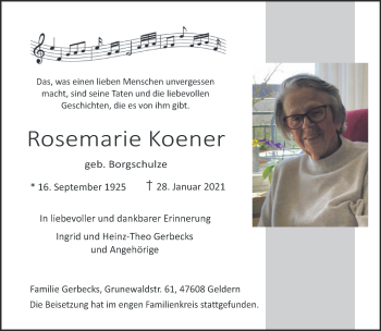 Traueranzeige von Rosemarie Koener 