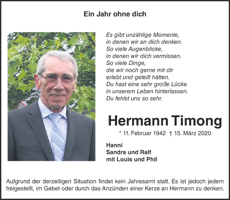 Traueranzeigen von Hermann Timong | Niederrhein Nachrichten Trauerportal