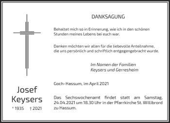 Traueranzeige von Josef Keysers 