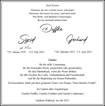 Traueranzeige von Sigrid und Gerhard Duffke 