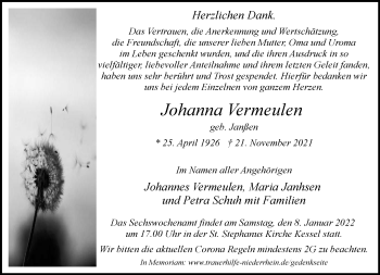 Traueranzeige von Johanna Vermeulen 